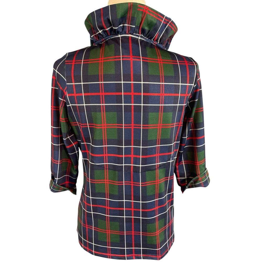 Gretchen Scott Ruffle Neck 3/4 Sleeves Top Balmoral Plaid Multi Small - Picture 6 of 8